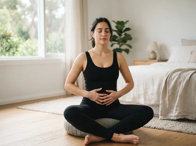 Woman breathing with hands on her belly in a bright bedroom