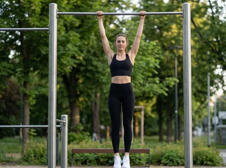 Woman doing a pull-up on an outdoor bar