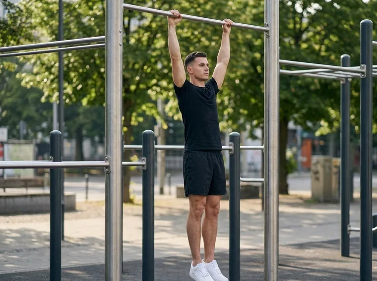 Man doing a pull-up on an outdoor bar